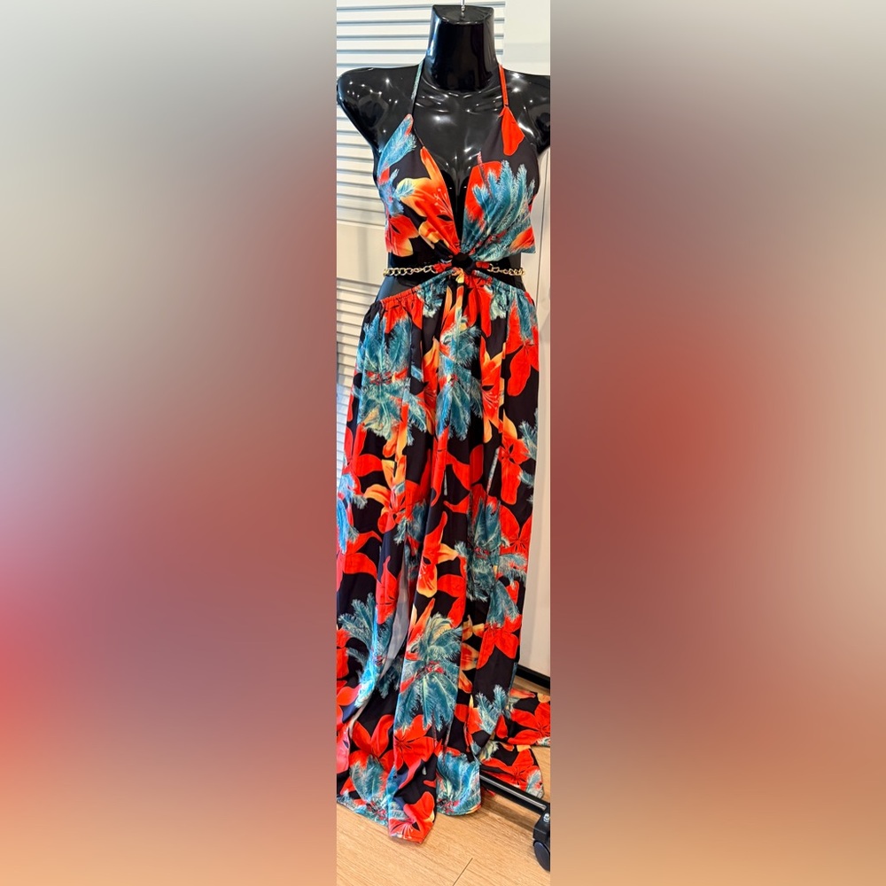 Floral Halter Maxi Dress - Red and Blue